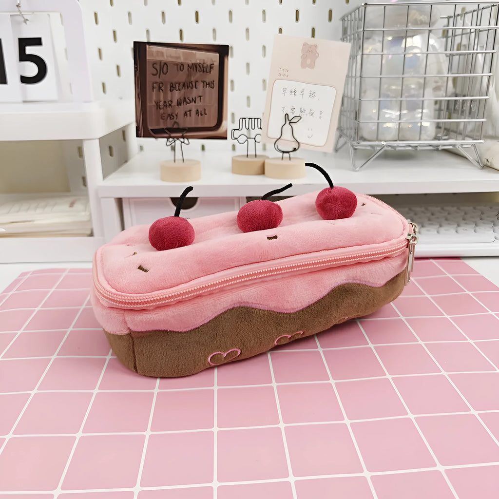 Cherry Cake plush velvet pencil bag in Korean style for pens and stationery