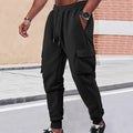 Men's thickened small check jacquard sweatpants in khaki, cargo style with drawstring waist and belt.