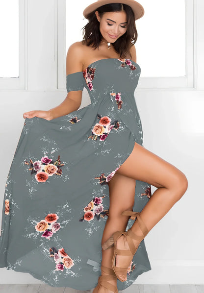 Women's boho off-shoulder summer dress in stretch fabric with beach-ready design