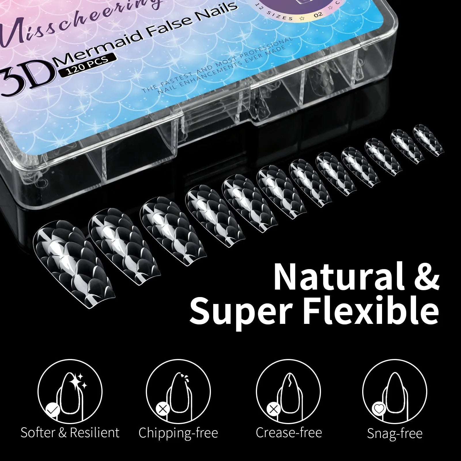 Pack of long plastic false nail tips for 3D sculpting and nail extensions.
