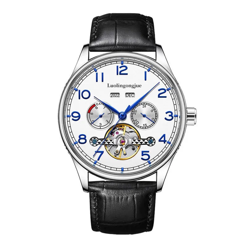 Men's stainless steel mechanical business watch with hollow skeleton design showing movement