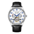 Men's stainless steel mechanical business watch with hollow skeleton design showing movement