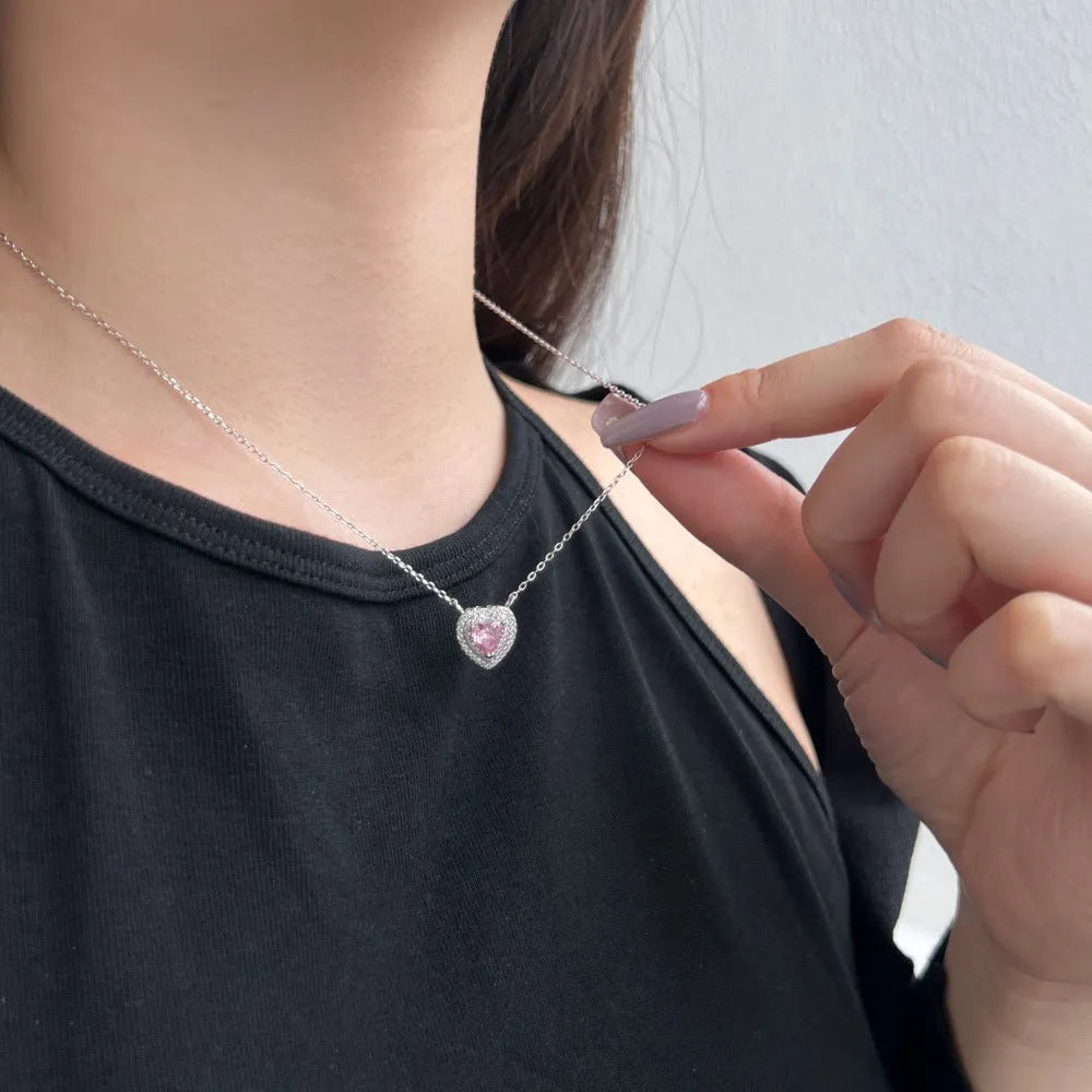 925 silver simple colour dopamine zircon necklace with platinum pink diamond electroplated finish on white background