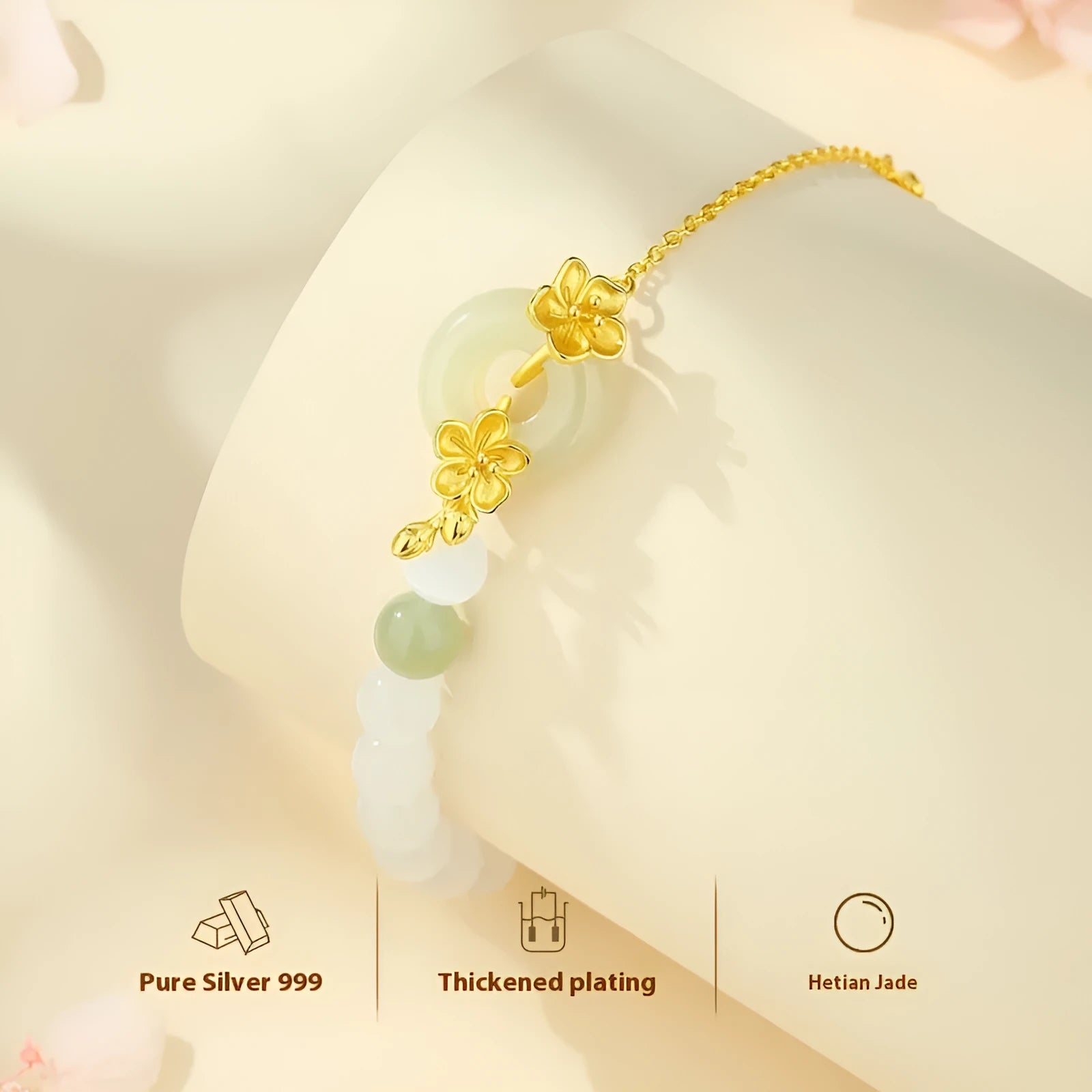 Pure silver women's bracelet with peach blossom design and safety buckle closure in white gold colour