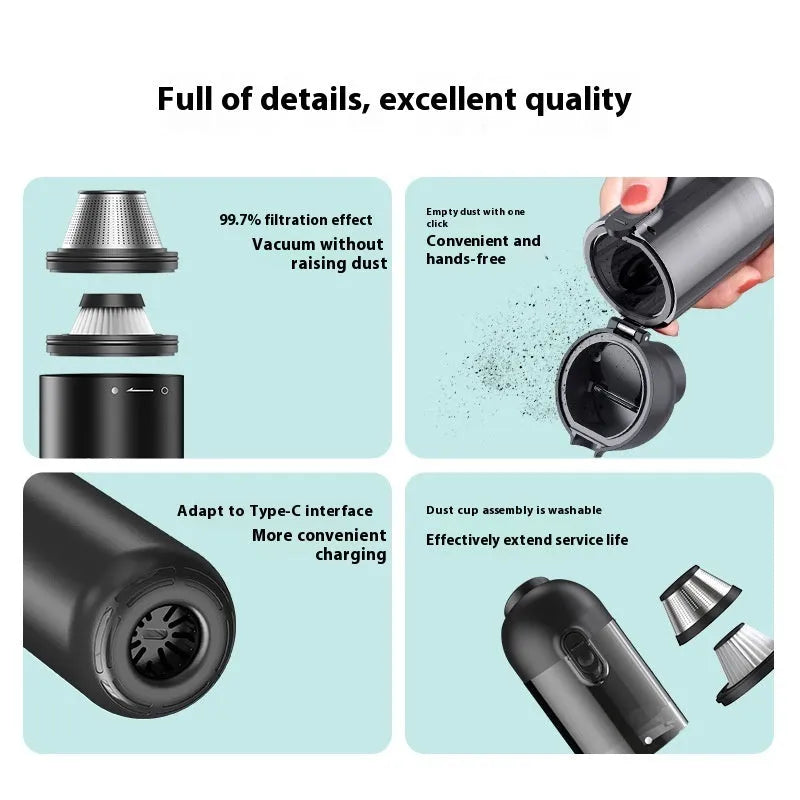 Handheld wireless vacuum and dust blower in black with attachments for car and home cleaning