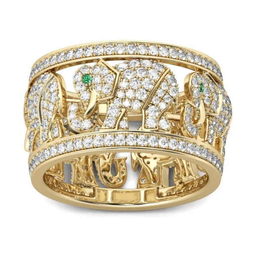 Close-up of a creative elephant design ring with a metallic electroplated finish on a model's finger.