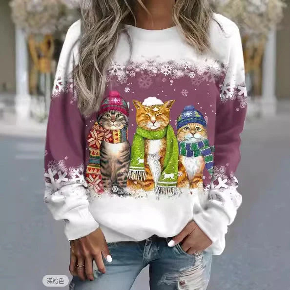 Women's festive snowman and cat print long sleeve t-shirt in loose fit