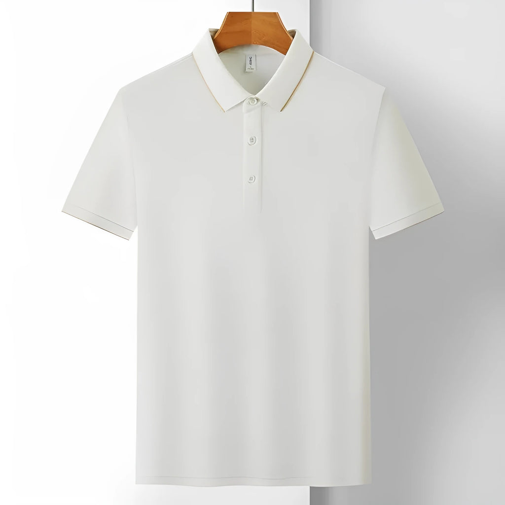 Men's short sleeve cotton work shirt in a solid colour with a collar, shown on a hanger.