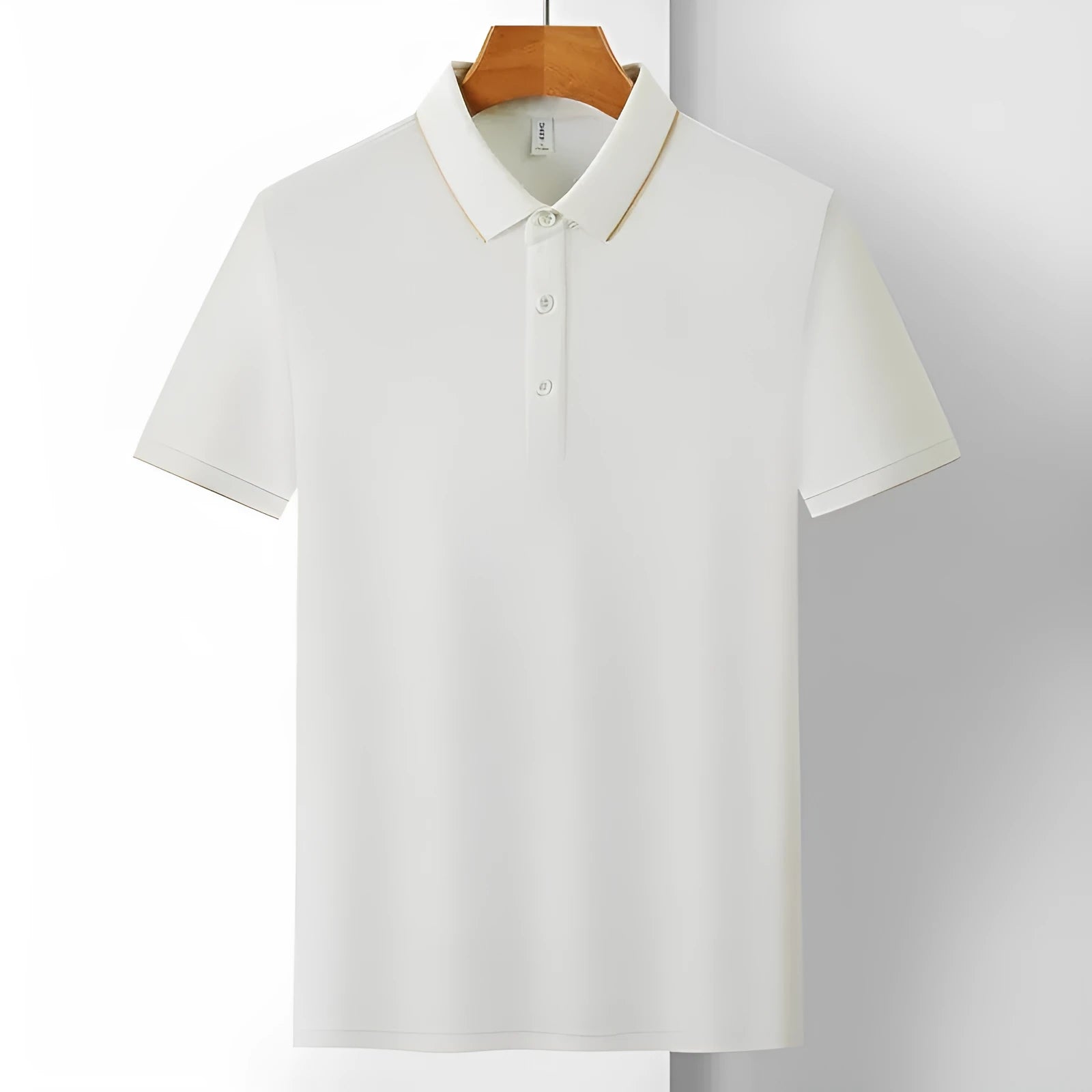Men's short sleeve cotton work shirt in a solid colour with a collar, shown on a hanger.