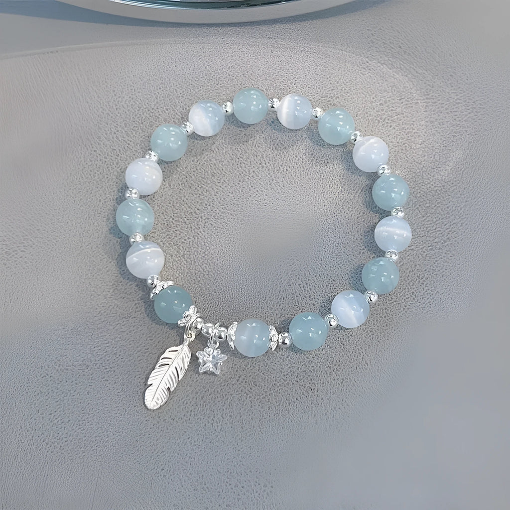 Korean style crystal bracelet with blue moonlight glass beads and eight pointed star charm