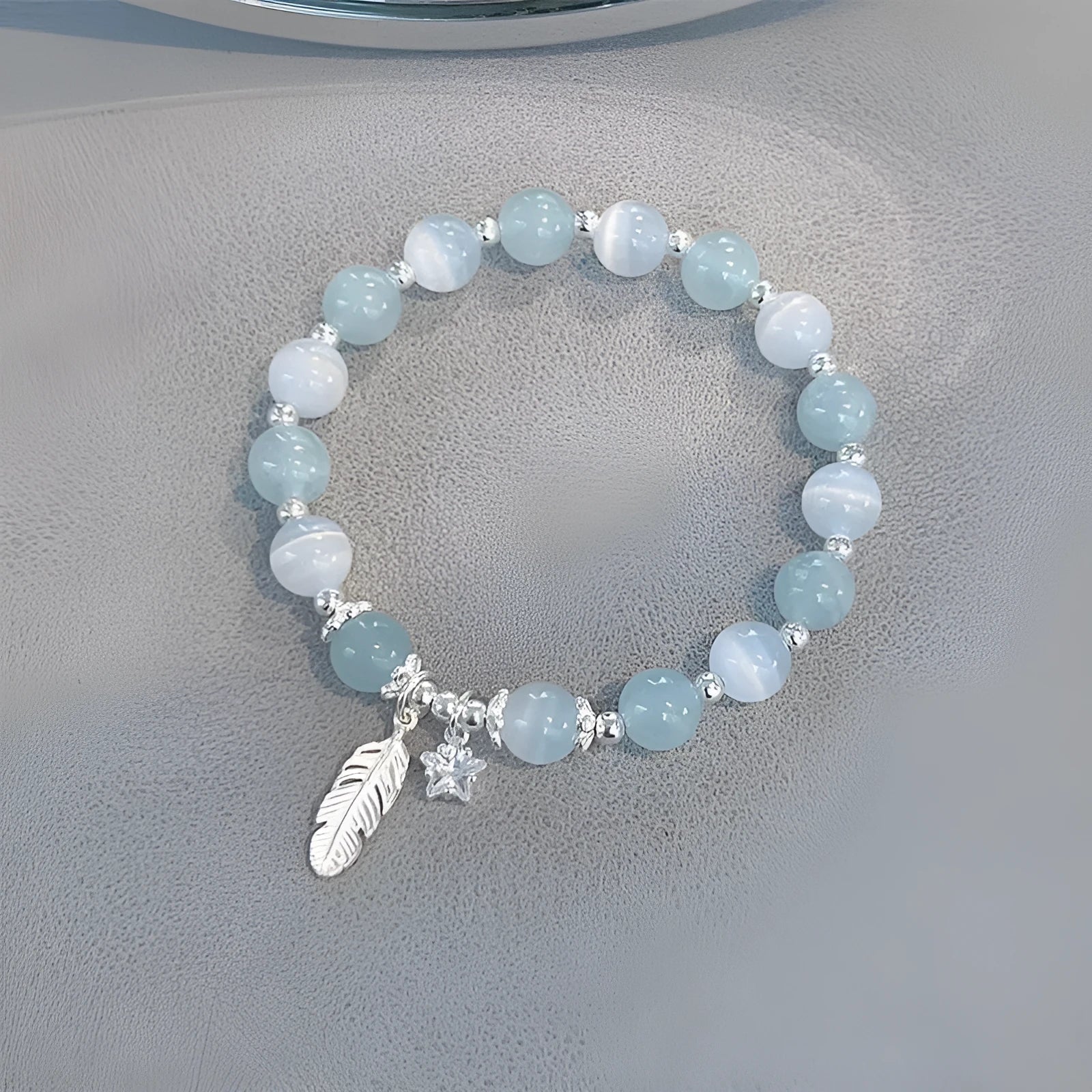Korean style crystal bracelet with blue moonlight glass beads and eight pointed star charm