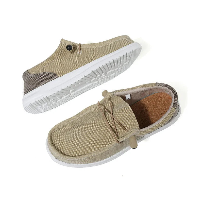 Men's green and orange canvas casual shoes with round toe and rubber sole