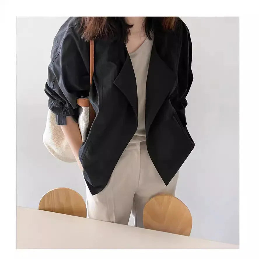 Loose crew neck sun protection top cardigan in cotton, black colour, batwing sleeve, 50 cm length