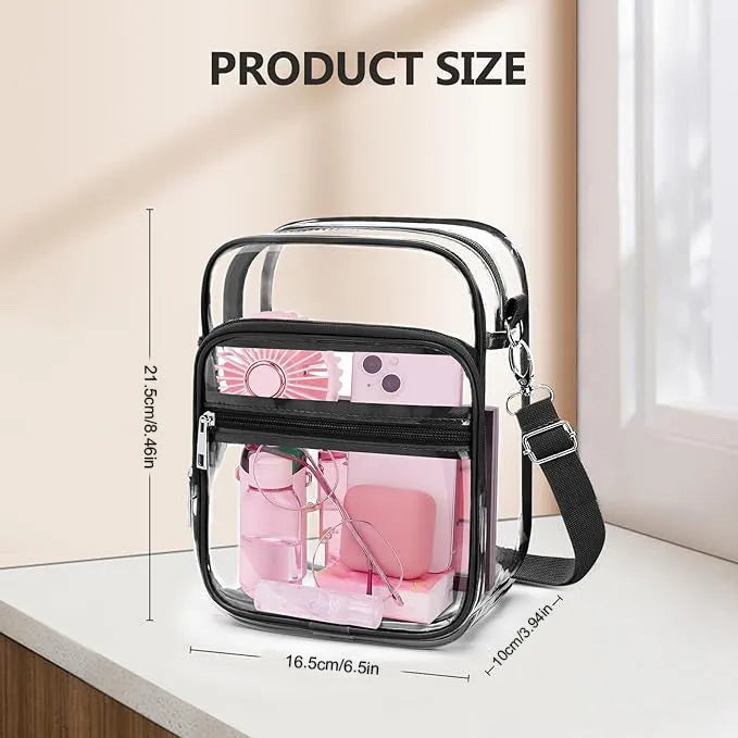 Black PVC cube style crossbody handbag showing dimensions and modern simplicity design.