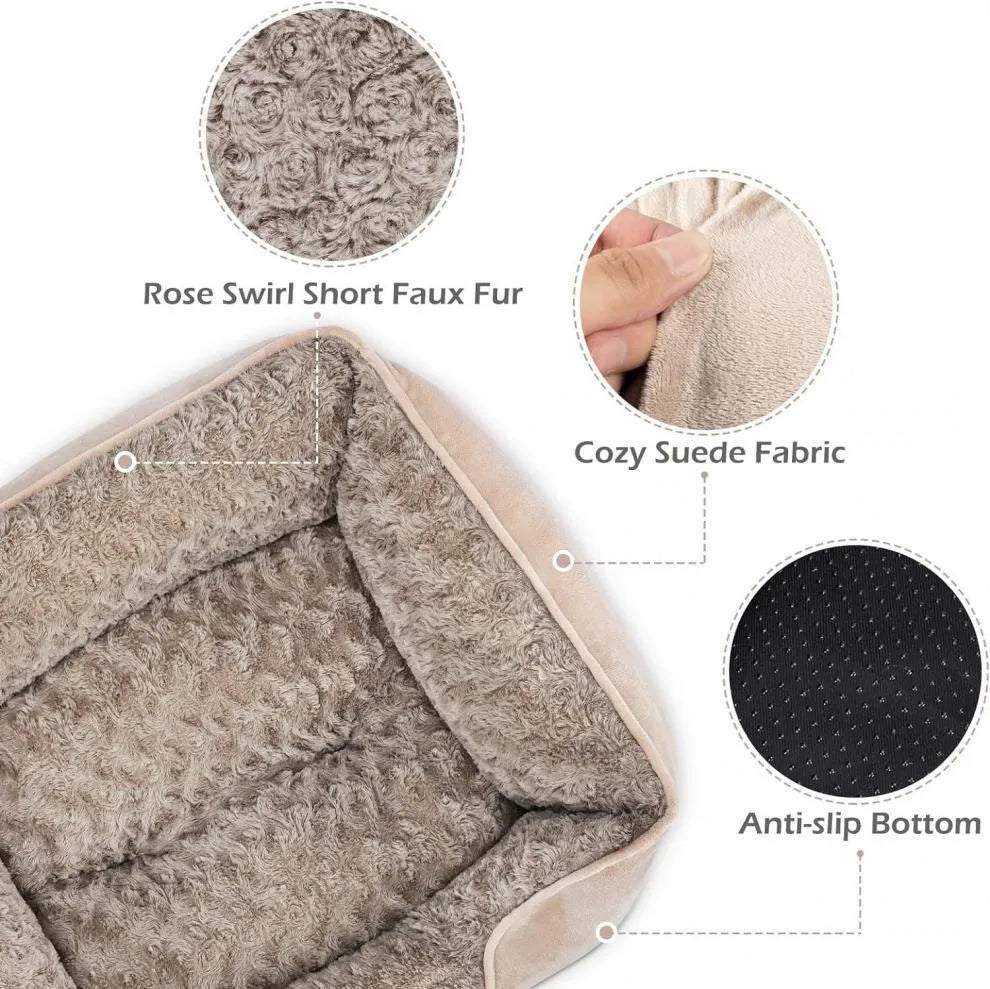 Grey stuffed fabric kennel dog bed for large dogs on a wooden floor
