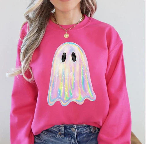 Women's grey Halloween sweatshirt with raised orange pumpkin 3D print, crew neck, long sleeves