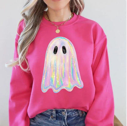 Women's grey Halloween sweatshirt with raised orange pumpkin 3D print, crew neck, long sleeves