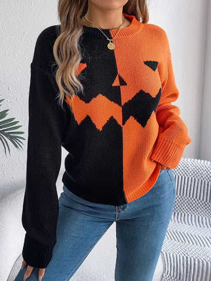 Spooky Chic Halloween Pullover Sweater in Orange, Khaki, and Grey colors with ghost print design