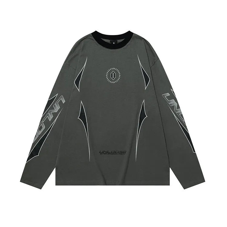 Grey loose fit cotton pullover sweater with drop shoulders and pattern letters design