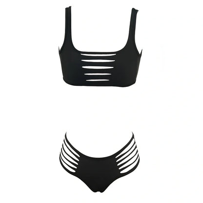 Black split bikini swimsuit set with Lycra lining, high elasticity, sizes S-XL for women swimming