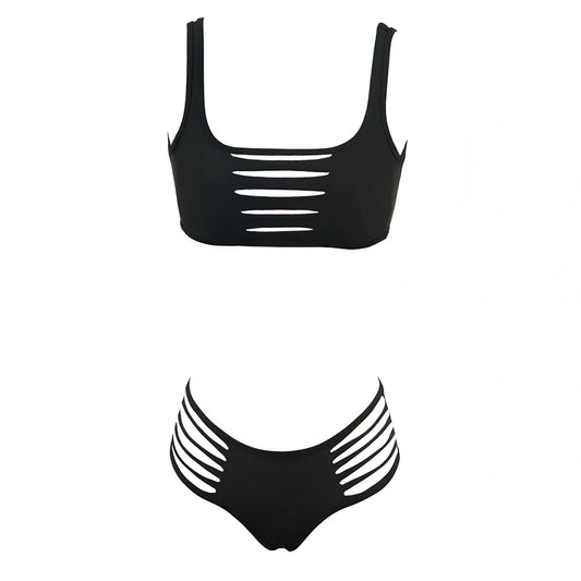 Black split bikini swimsuit set with Lycra lining, high elasticity, sizes S-XL for women swimming