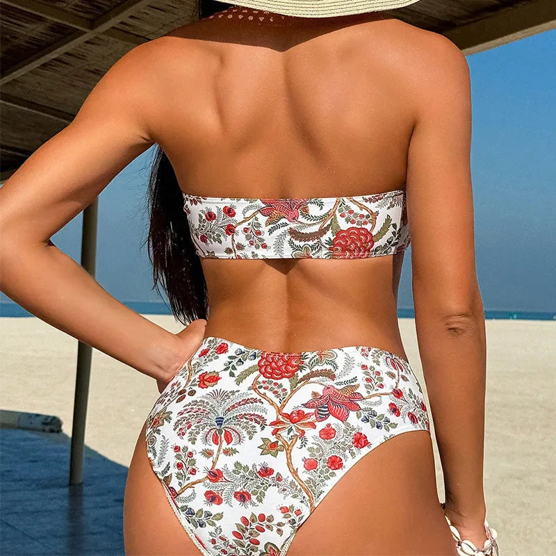 Women's printed bandeau triangle bikini top with matching swim shorts.