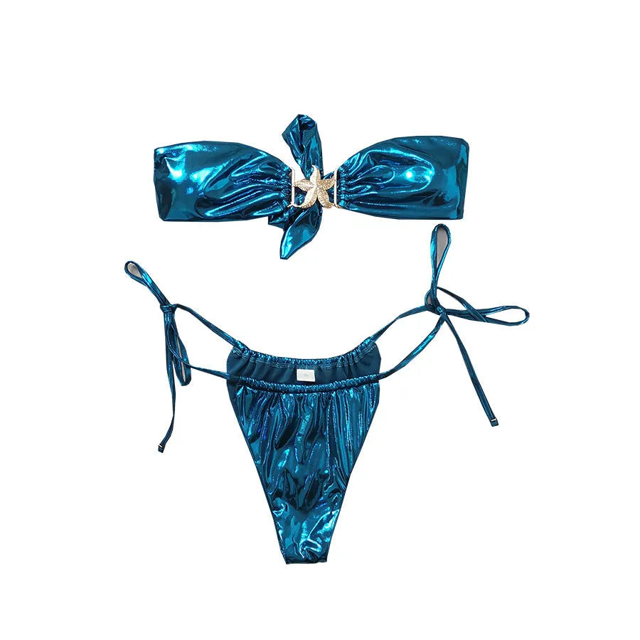 Women's glossy blue tube top split bikini with gold starfish print and long sleeves