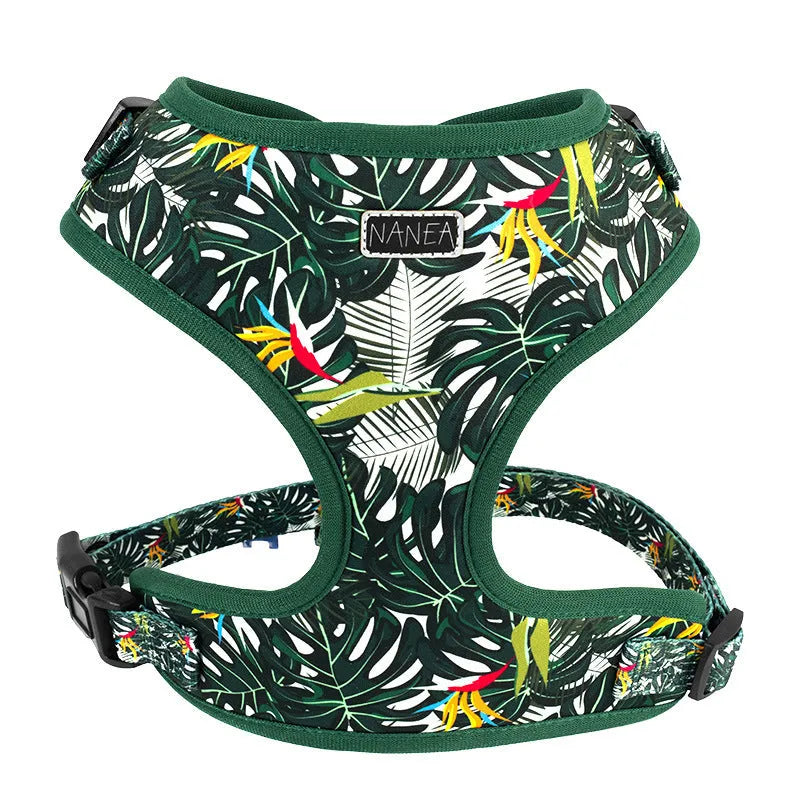 Adjustable cloth pet harness set with leash, collar, waste bag, bow tie, and scarf in six coordinated pieces