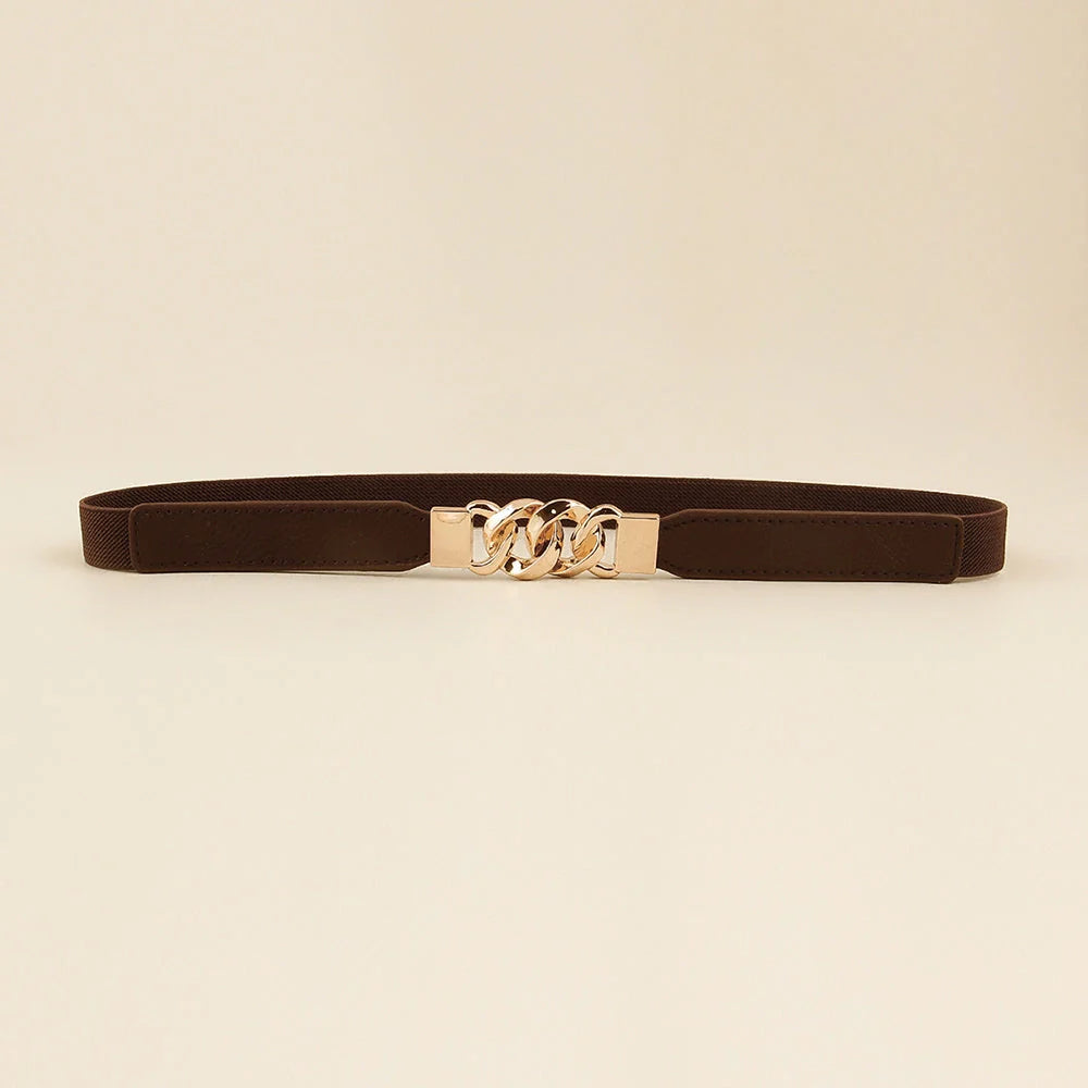 Women's fine leather waistband belt with multi-ring buckle in black, brown, and white