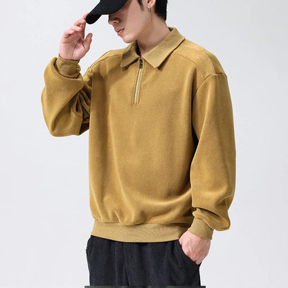 Men's lapel half-zip fleece sweatshirt in black, haze green, and apricot yellow