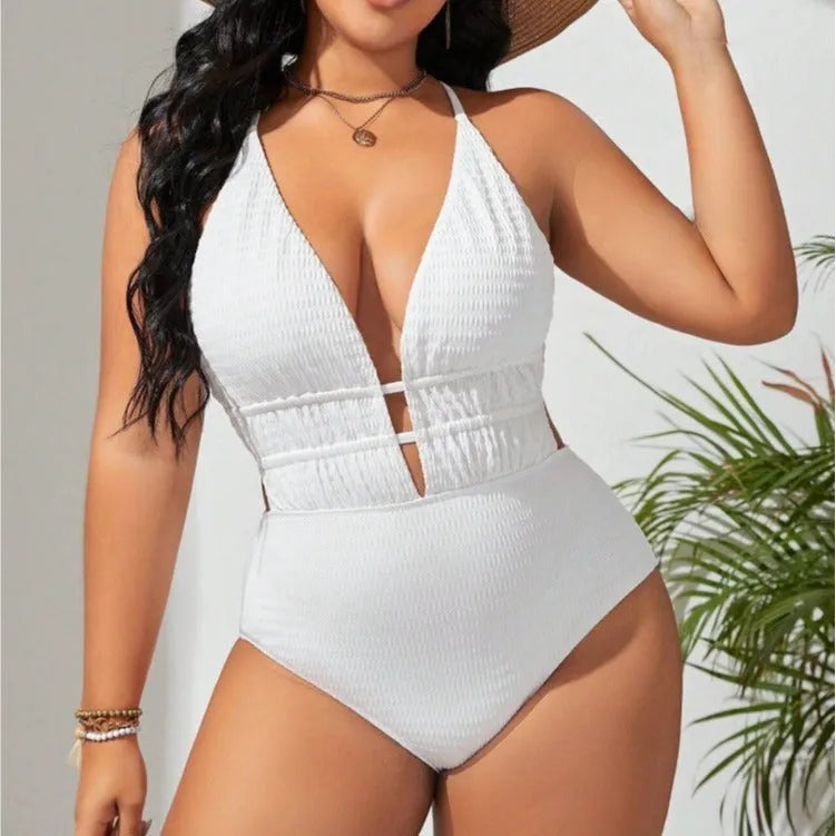 Women's belly-covering solid colour one-piece swimsuit in camel, sleeveless, size 2XL, polyester fabric