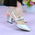 Women's closed toe leather sandals with a chunky block heel and ankle strap.