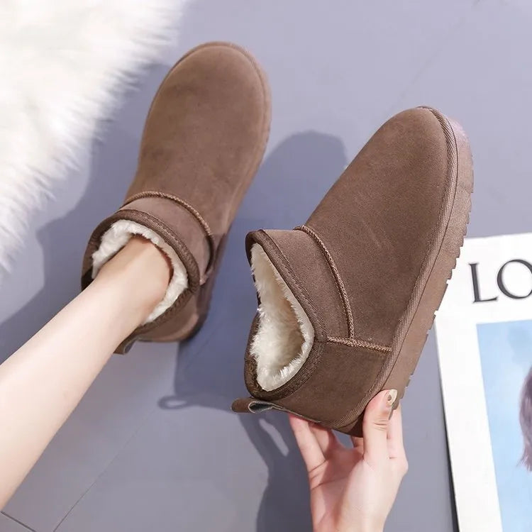 Women's thickened plush hollow-out overshoe boots in brown with PU leather upper and artificial hair insole