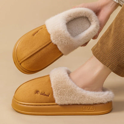 Winter fluffy slippers with non-slip soles in pink, khaki, white, and grey