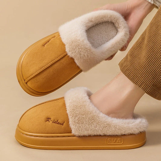 Winter fluffy slippers with non-slip soles in pink, khaki, white, and grey
