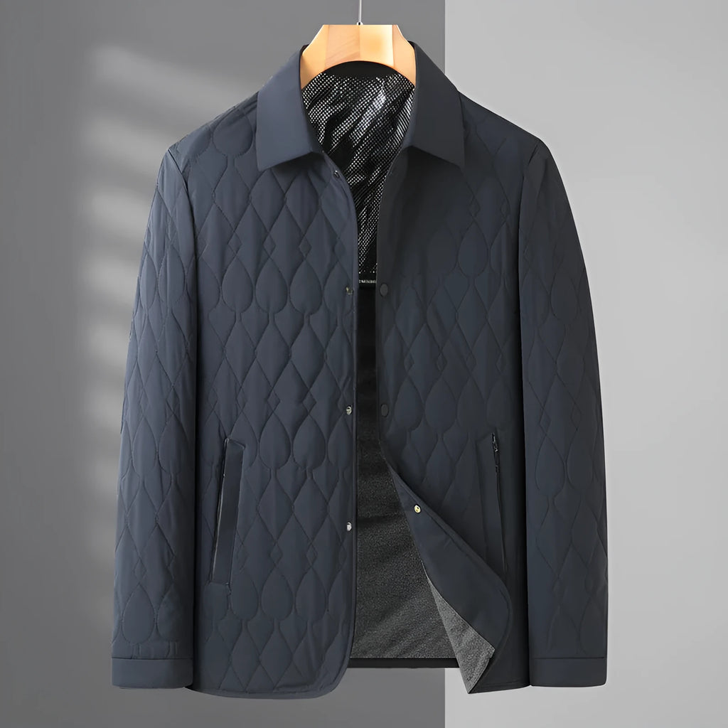Men's lightweight diamond lattice cotton-padded jacket in black, gray green, and navy blue for autumn winter