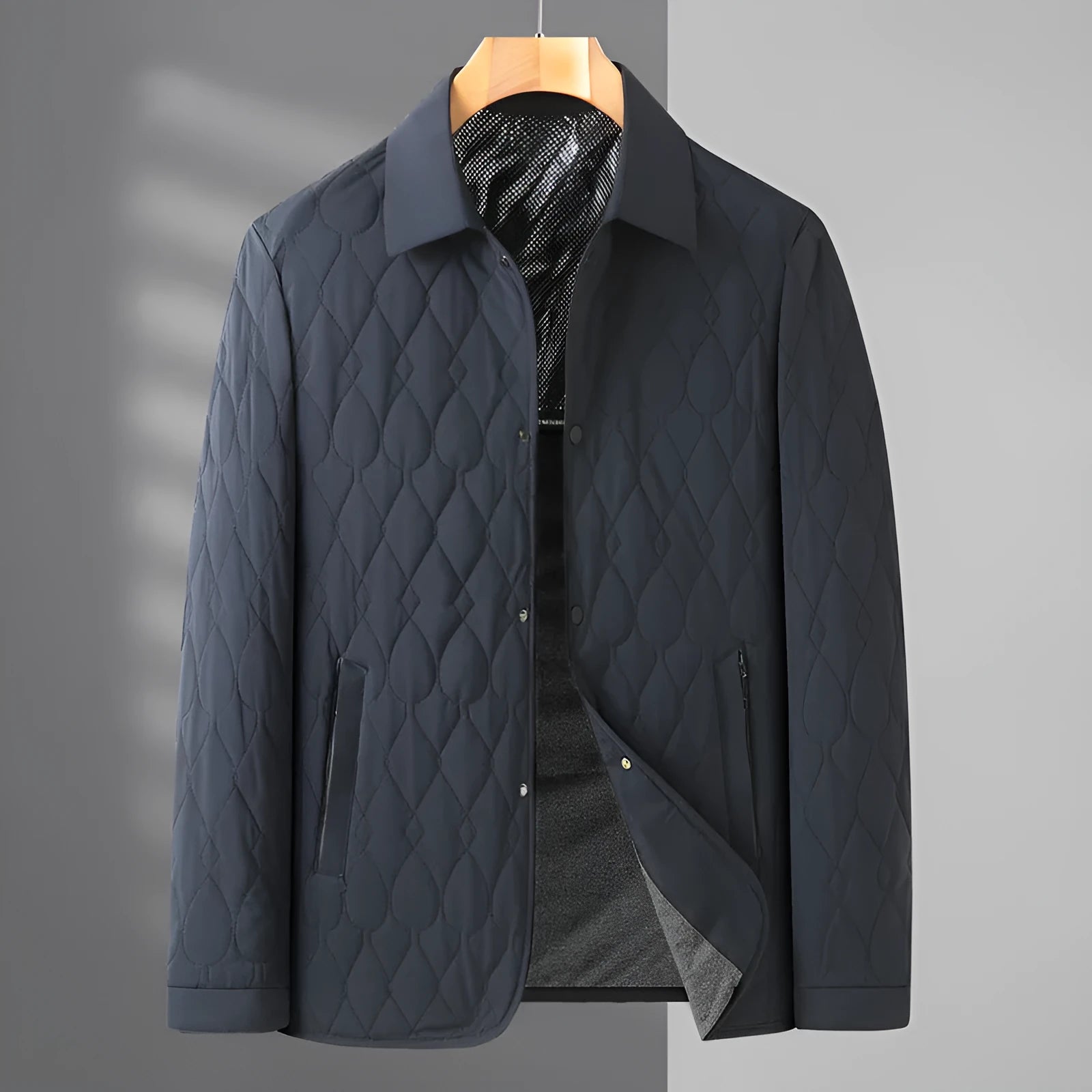 Men's lightweight diamond lattice cotton-padded jacket in black, gray green, and navy blue for autumn winter