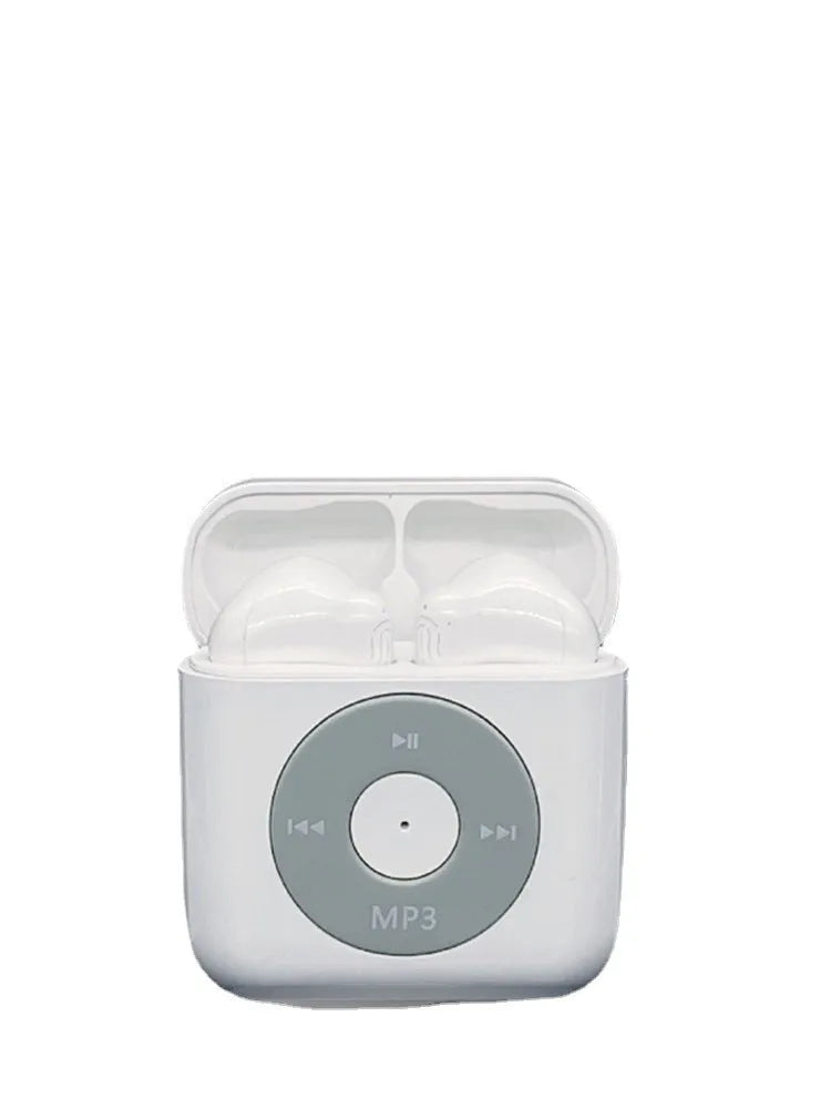 White wireless Bluetooth semi in-ear earphones with charging case on a white background.