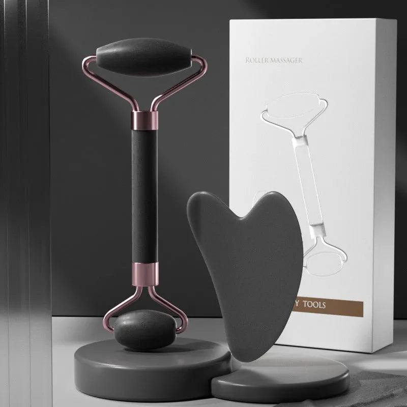 Scraping roll massager set with pink double-headed roller and scraping board for facial muscle relaxation