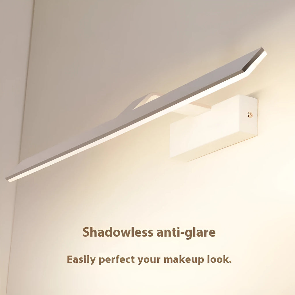 White LED mirror headlight with simple design and multiple light colours for bathroom toilet installation.