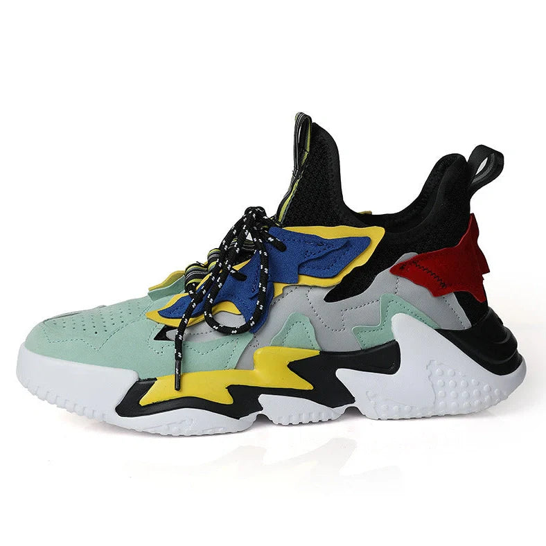 Thick-soled breathable student casual sneakers with fly-woven mesh upper, featuring a rubber and TPU outsole for durability and available in grey, green, and blue colour options