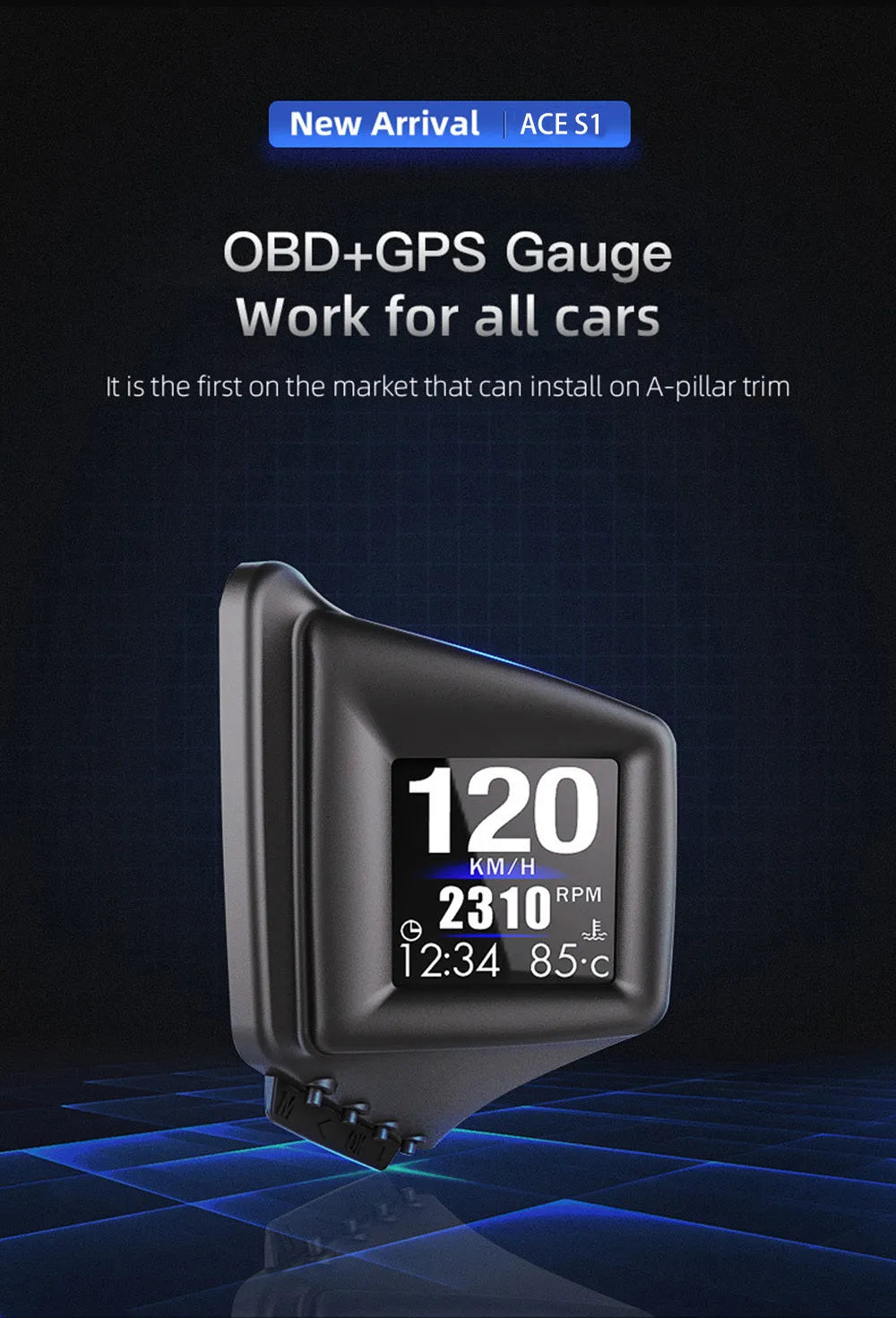 AP-1 car HUD head-up display with 2.5-inch LCD screen in black