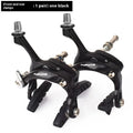 A pair of U-shaped metal bicycle road clamps for brake system modifications, shown in black and silver finish options.