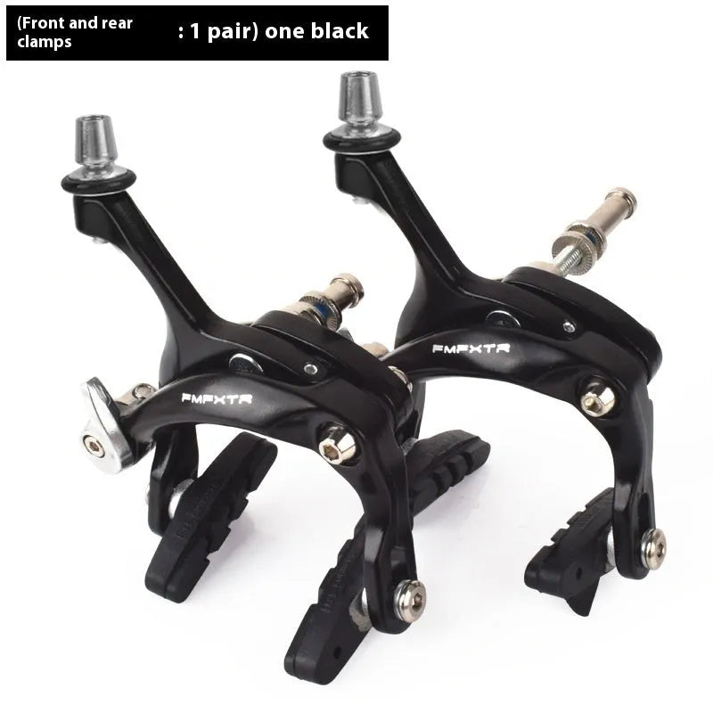 A pair of U-shaped metal bicycle road clamps for brake system modifications, shown in black and silver finish options.