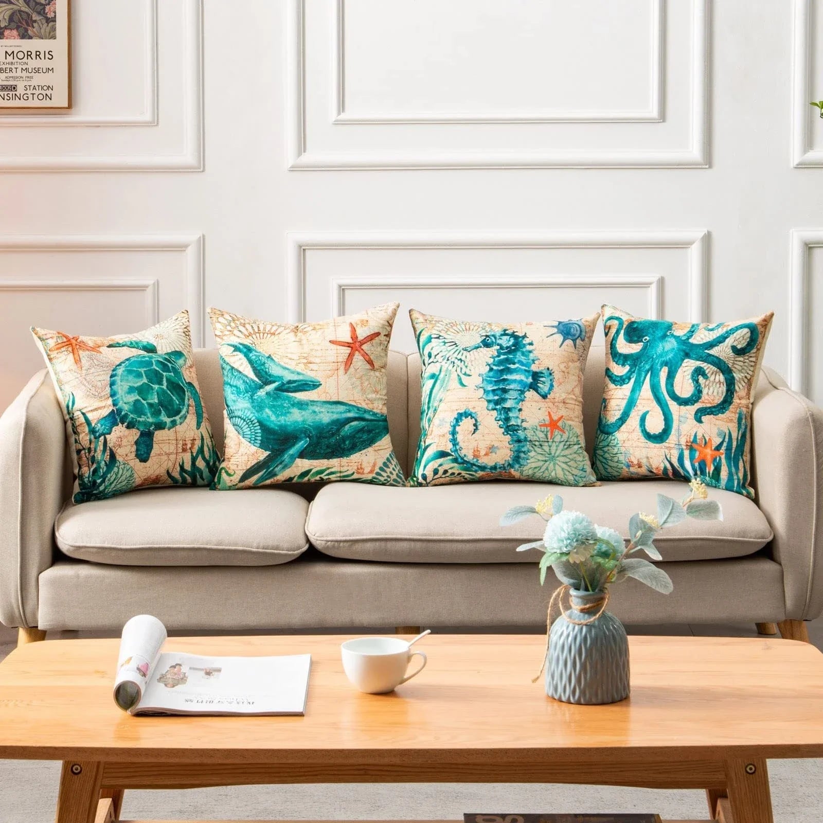 Decorative throw pillow covers featuring various marine-inspired designs like sea turtles, whales, octopus, and more on a linen background