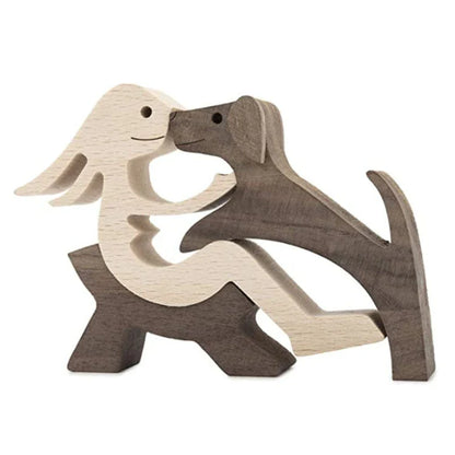 Handcrafted wooden dog sculpture featuring a man and his loyal canine companion