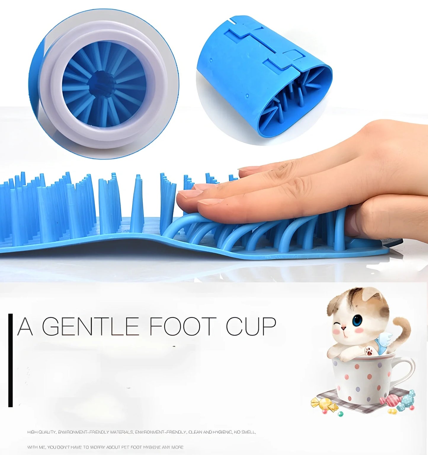 Blue silicone dog paw cleaning cup with soft bristles and stable base design