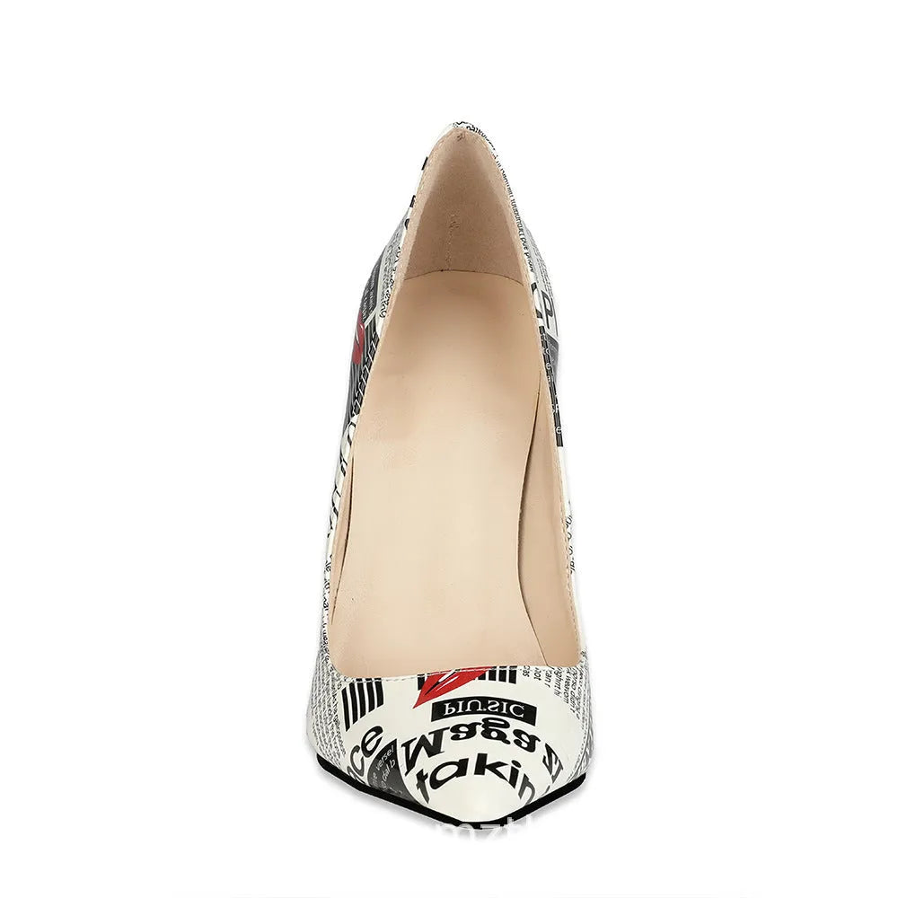 12cm graffiti fashion women's pointed toe stiletto heels with rhinestones on catwalk
