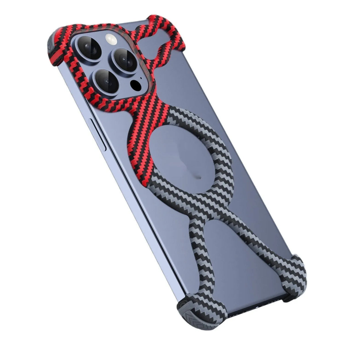 Carbon fiber grain magnetic phone case for iPhone with frameless hollow drop protection, half-pack style, black and red colourway