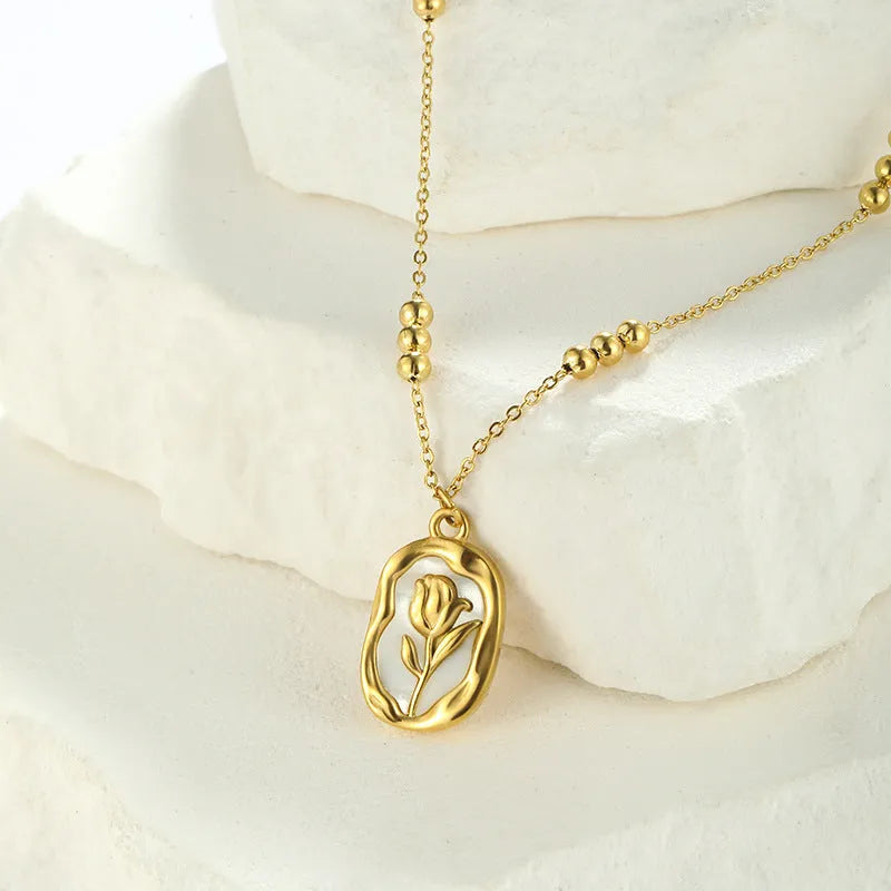 Simple rose white shell flower pendant necklace on regular chain for women, stainless steel with 18K electroplated finish